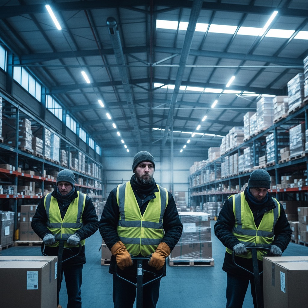 Entrepôt froid — manutentionnaires en tenue d'hiver à cause de la stratification thermique